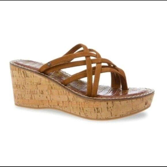 SAM EDELMAN wedge womens brown strappy reana cork wedge sandals 7.5 - Picture 1 of 6